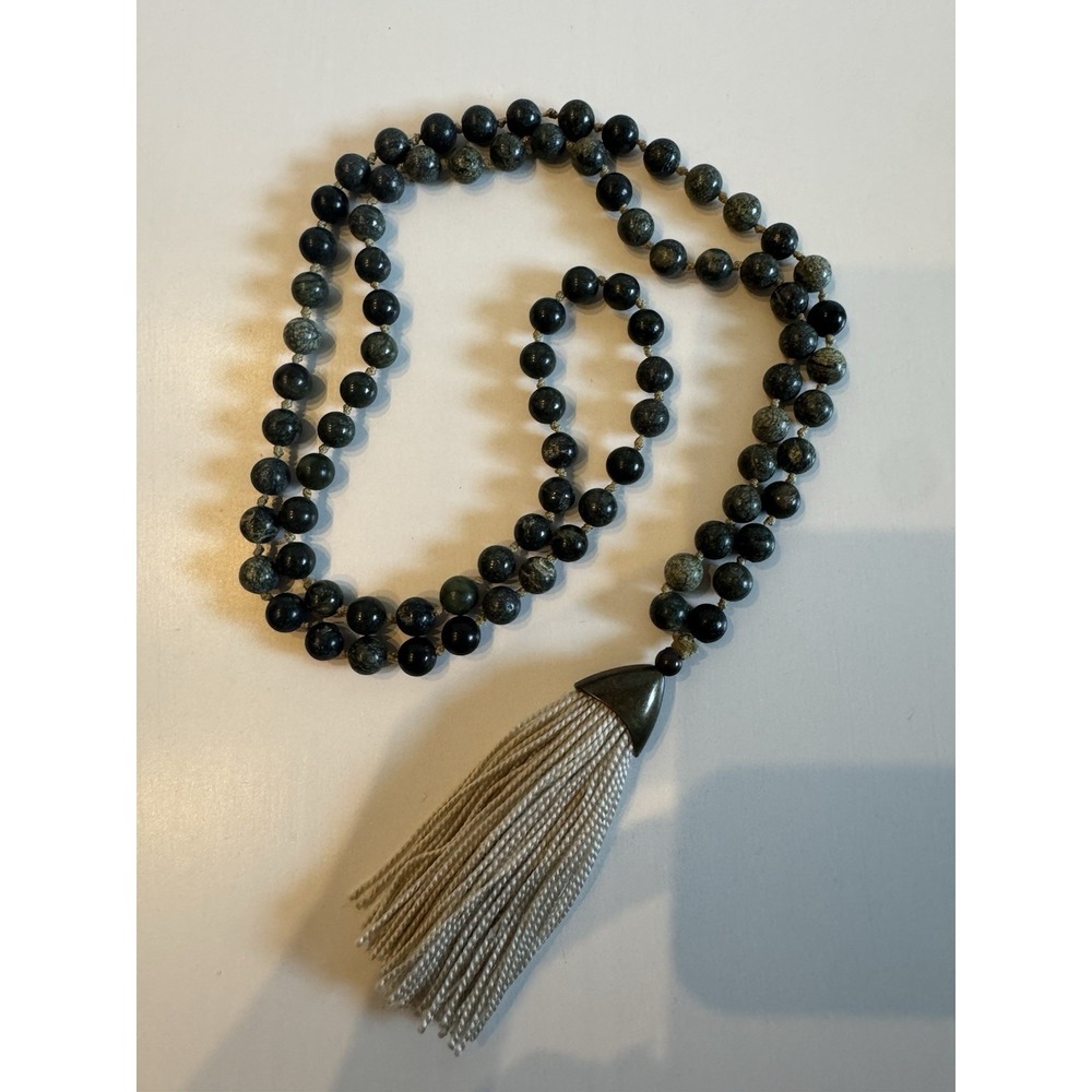 Handmade Green Jasper Stone Tassel Necklace Boho Long Beaded Artisan Natural